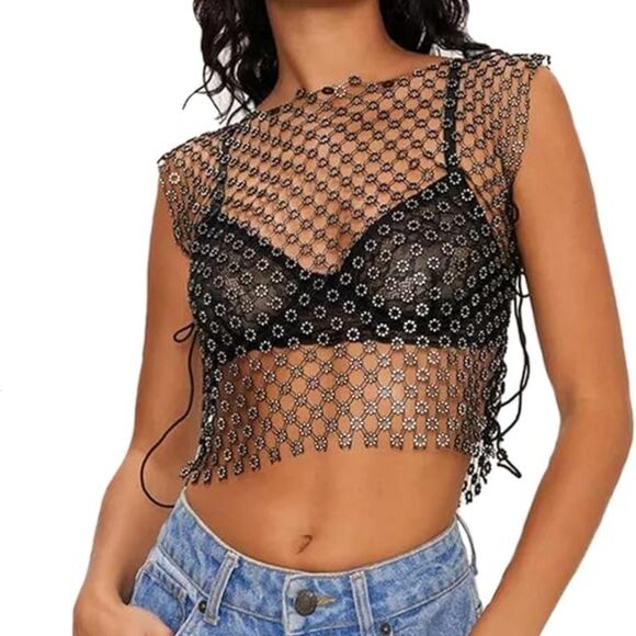 Source Unknown Tops - Black Silver Early 2000's See Through Rhinestone Fishnet Top OS / S / XS